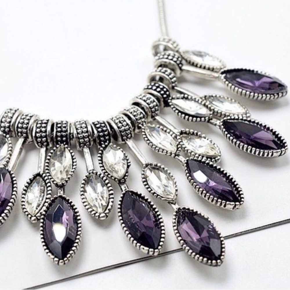 Elegant Purple and Silver Crystal Drop Necklace- New without tags
